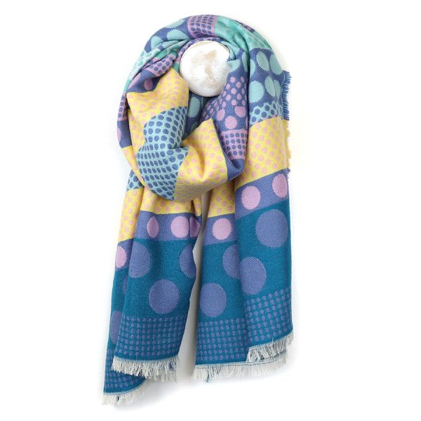 Blue POM Scarf - Reversible Blue Mix, Striped Polka Dot - Image 2