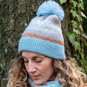 Pom Blue/Rust Recycled Fairisle Bobble Hat