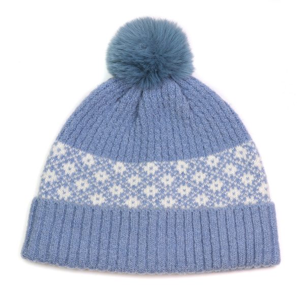 Pom Blue & White Recycled Scandi Flower Bobble Hat - Image 2