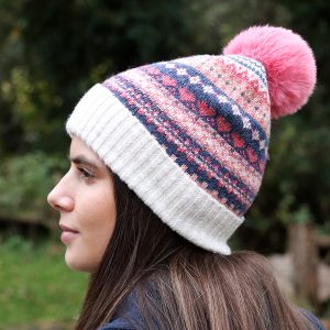 Pom Blue & Coral Fairisle Bobble Hat
