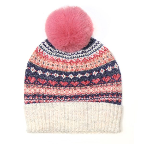Pom Blue & Coral Fairisle Bobble Hat - Image 2