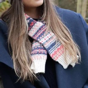 Pom Blue and Coral Fairisle Pull Through Scarf