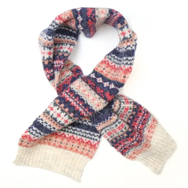 Pom Blue and Coral Fairisle Pull Through Scarf - Image 2