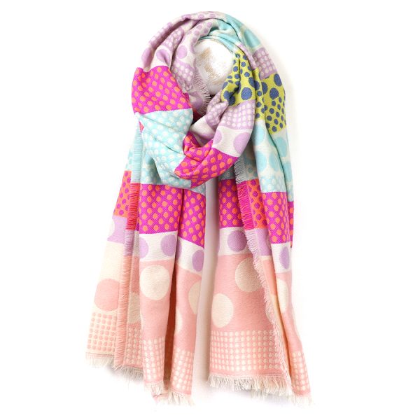 Pink POM Scarf - Reversible Pink Mix, Striped Polka Dot - Image 2