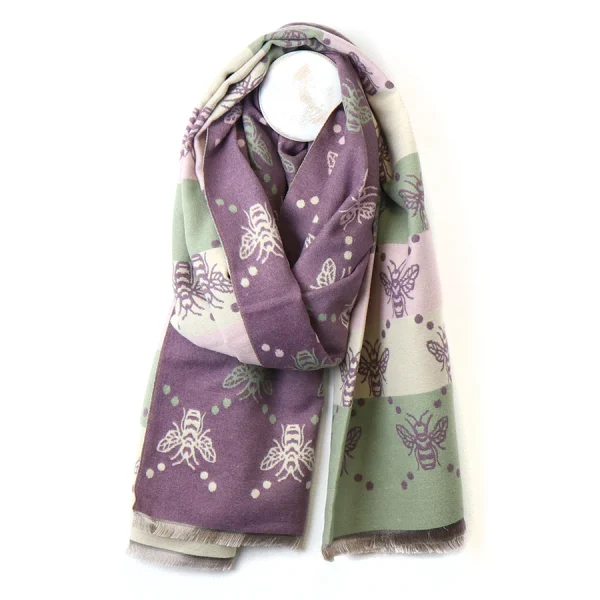 Purple/Green POM Scarf - Reversible Bee - Image 2