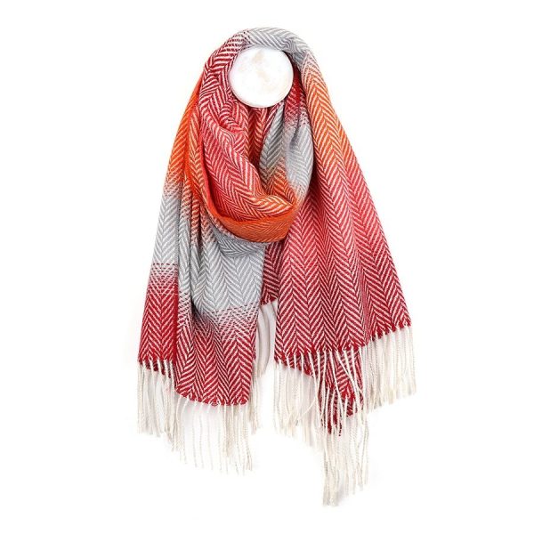 Red/Orange POM Scarf - Chevron - Image 2