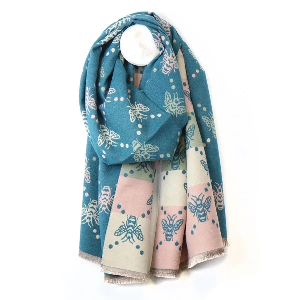 Teal/Pink POM Scarf - Reversible Bee - Image 3
