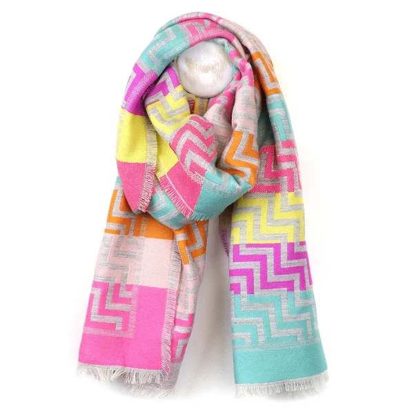 ZigZag POM Scarf - Reversible Bright Mix, Chevron - Image 2
