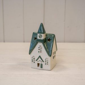 White / Green Ceramic Tealight House - Tall